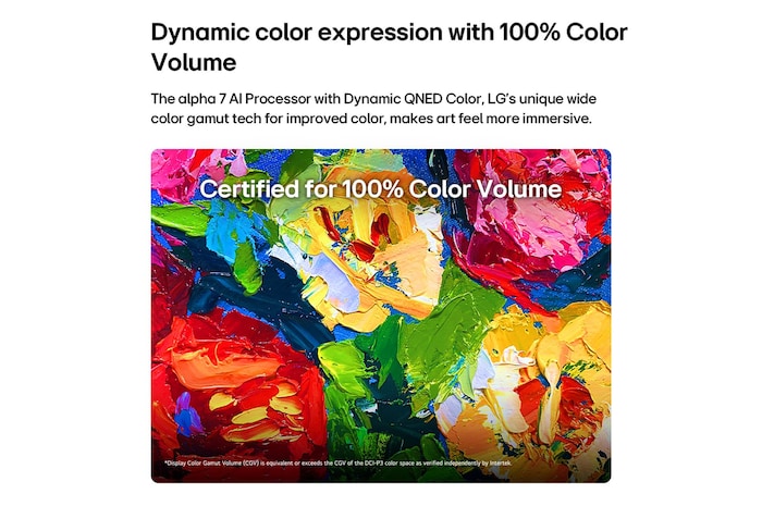 LG Gallery TV AI with frame LX7 ART TV featuring Dynamic QNED Color displays a close-up of richly textured painting artwork, where intensified reds, yellows, and greens highlight its 100% Color Volume, bringing art to life.